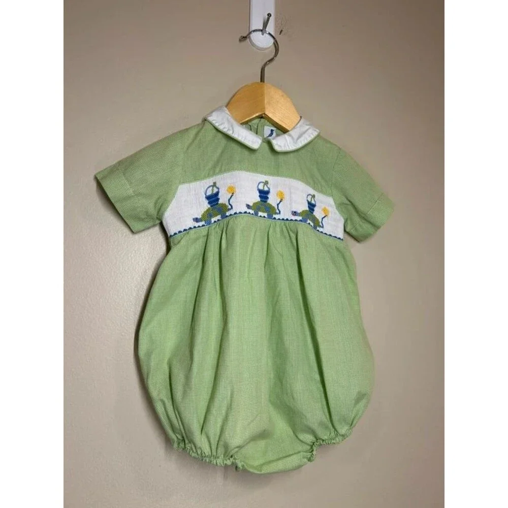 Vintage 12M Baby Boy Hand Smocked Green Bubble Romper